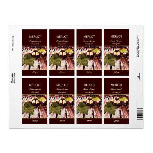 Wijnfles kurken en druivenblad flesetiket etiket (Full Sheet)