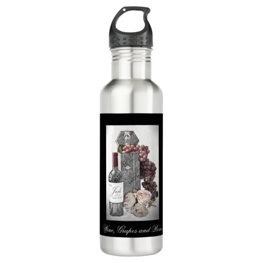Wijnfles met draagstof, druiven en Rozen Waterfles (Voorkant)