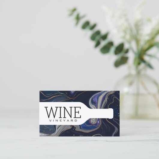 Wijnfles | Paars Blauw Goud Marmer Visitekaartje (Staand voorkant)