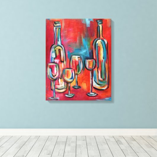 Wijnflessen en glazen Rood Blauw Canvas Afdruk (Insitu (Houten vloer))