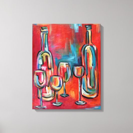 Wijnflessen en glazen Rood Blauw Canvas Afdruk (Voorkant)