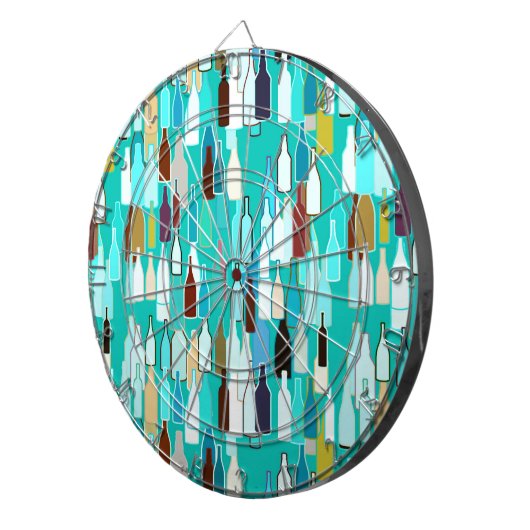 Wijnflessen, meerkleurige flessen, achtergrond tur dartbord (Voorkant Rechts)