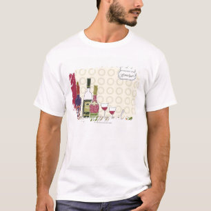 Wijnflessen met wijngaarden op tafel t-shirt