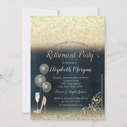 Wijngassballonnen Gold Glitter Blue Retirement Kaart (Voorkant)