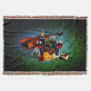 Wijnglazen, fles, druiven, kaas, Violin Deken