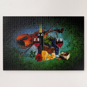 Wijnglazen, fles, druiven, kaas, viool legpuzzel