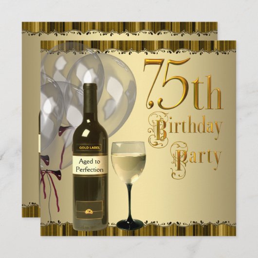 Wijnglazen fles goud 75e verjaardagsfeest kaart (Voorkant / Achterkant)