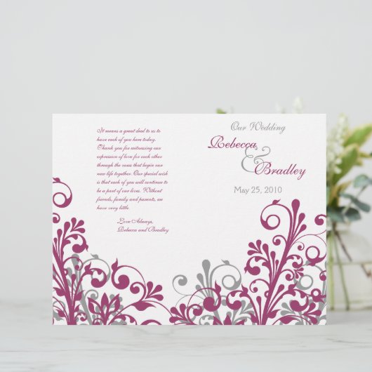 wijngrijs wit abstract bloemig trouwprogramma (Staand voorkant)