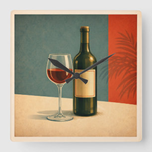 Wijnklok van wijnglas en fles aan de wand vierkante klok