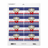 Wijnlabel Navy White Anchors Stripe Red Bow Party Etiket (Full Sheet)