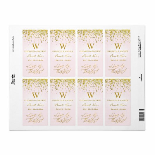 Wijnlabel Roze en Goud met Confetti Etiket (Full Sheet)
