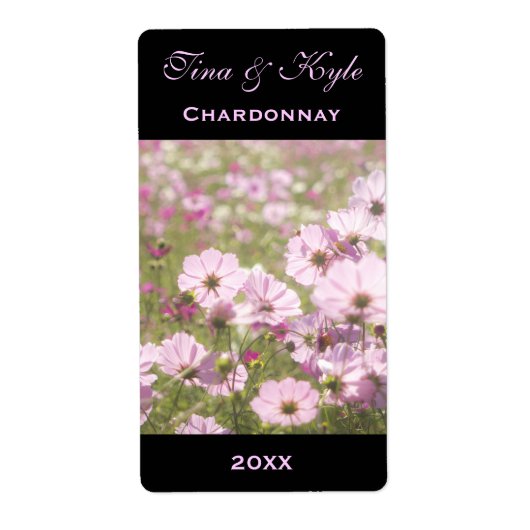 Wijnlabel Sjabloon Roze Kosmos Bloemenweide Etiket (Voorkant)