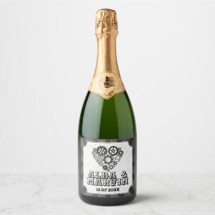 Wijnlabels Steampunk Wedding Hearts Cogs Sparkling Wijnetiket