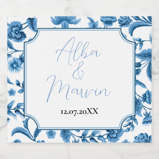 Wijnmerken Chintz Blauw & Wit Bloemen Ditsy Sparkling Wijnetiket (Enkel label)
