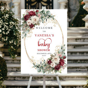 Wijnrode waterverf bloemen babyshower welkom poster
