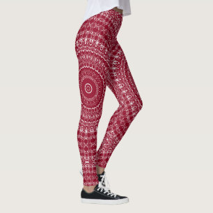 Wijnrood en Wit Ingewikkeld Mandala Patroon Leggings