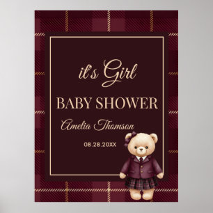 wijnrood Polo Teddybeer Preppy Geruit Babyshower Poster