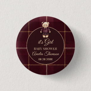 wijnrood Polo Teddybeer Preppy Geruit Babyshower Ronde Button 3,2 Cm