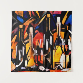 Wijnthema's in de stijl van het cubisme. Flessen,  Wandkleed
