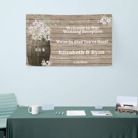 Wijnvat Country Rustic, Roze Bloemen, Custom Spandoek (Beurs)