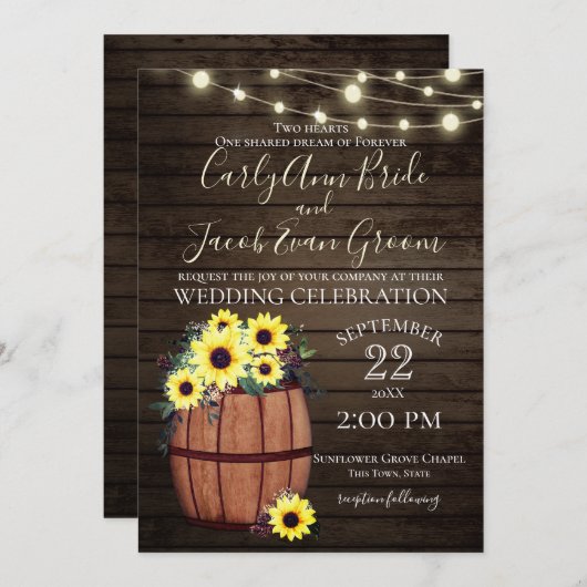 Wijnvat en Zonnebloemen Rustiek Hout en Lichten Kaart (Voorkant / Achterkant)