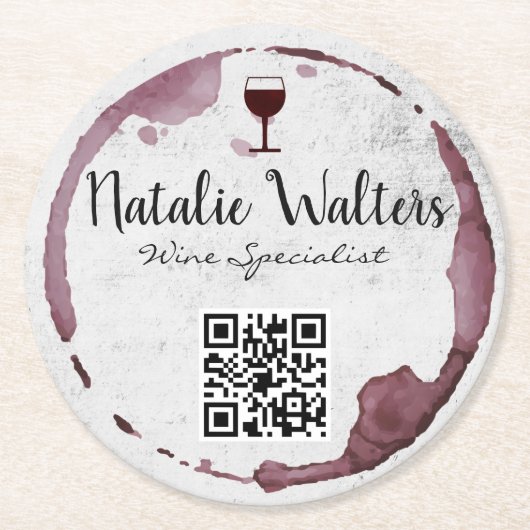 Wijnvlek (wijnglas) | QR-code Ronde Kartonnen Onderzetter (Voorkant)