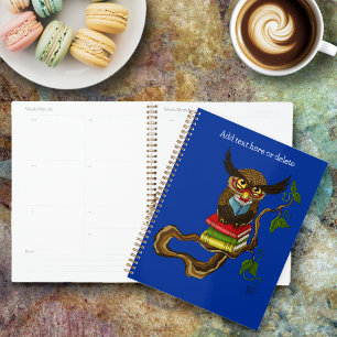 Wijs Blauw Schattig Bruin Lezend Uil Boeken Planner