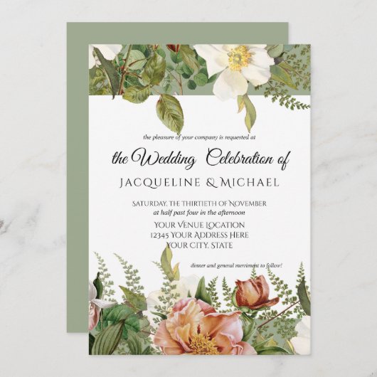 Wijze Koraal N Blush Bloemen Ivoor pioen Roos brui Kaart (Voorkant / Achterkant)