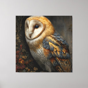 Wijze schuuruil zit op een oude canvas afdruk