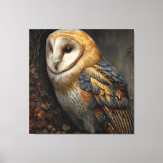 Wijze schuuruil zit op een oude canvas afdruk (Voorkant)