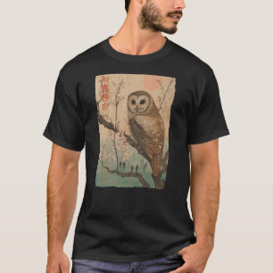 Wijze Uil en Kersenbloesems Japanse Woodblock AR T-shirt