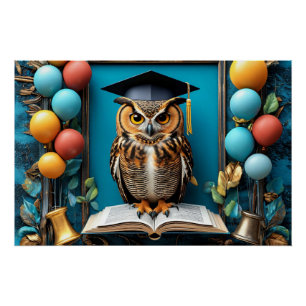 Wijze uil in afstudeerhoed poserend met boek perfect poster