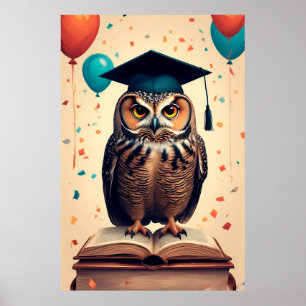 Wijze uil met afstudeerhoed op een boek gezeten poster
