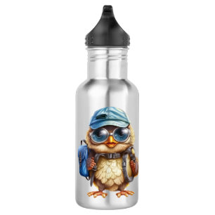 Wijze Uil met blauwe rugzak, hoeden en een bril, Waterfles