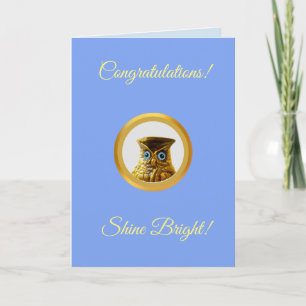 Wijze Uil op Lichtblauwe Felicitaties Kaart