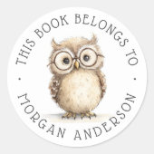 Wijze uil waterverf illustratie bibliotheekboek ronde sticker (Voorkant)