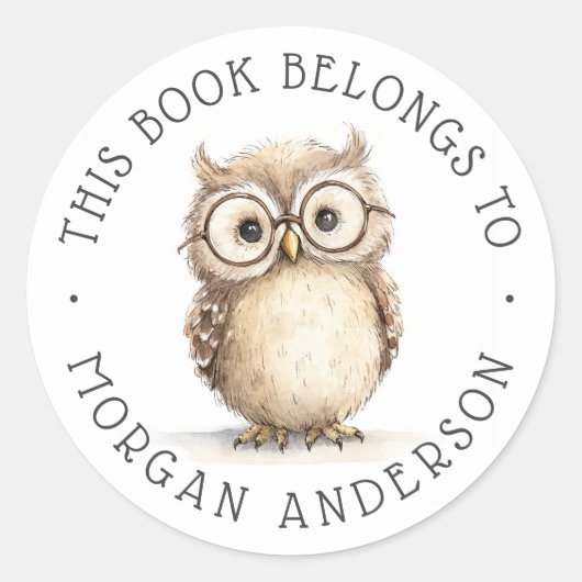 Wijze uil waterverf illustratie bibliotheekboek ronde sticker (Voorkant)
