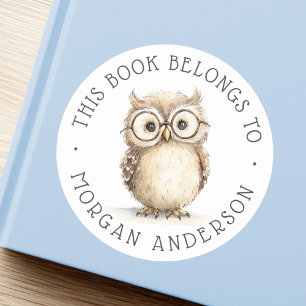 Wijze uil waterverf illustratie bibliotheekboek ronde sticker