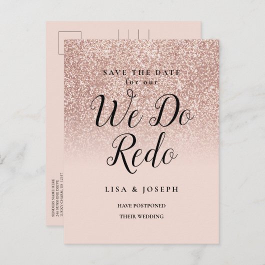 Wijzig de datum We doen Redo Roos Gold Glitter Aankondigingskaart (Voorkant / Achterkant)