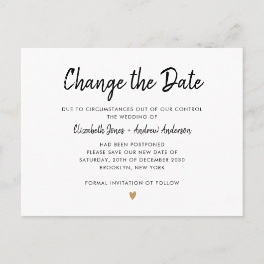 Wijzig het datumscript Simple Champagne Gold Heart Aankondigingskaart (Voorkant)