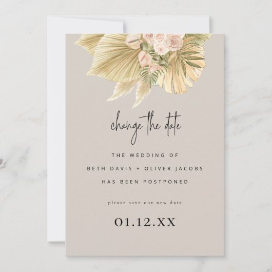Wijzigen Stel de datum uit Boho Pampas Palm Floral Save The Date (Voorkant)