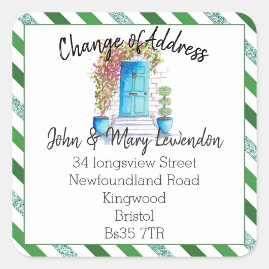 Wijziging adres sticker blue front door glitter (Voorkant)