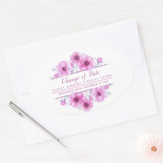 Wijziging datum anemone roze bruiloft uitgestelde  ovale sticker (Envelop)