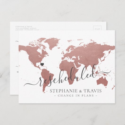 Wijziging plannen uitgestelde bestemming bruiloft aankondigingskaart (Voorkant / Achterkant)