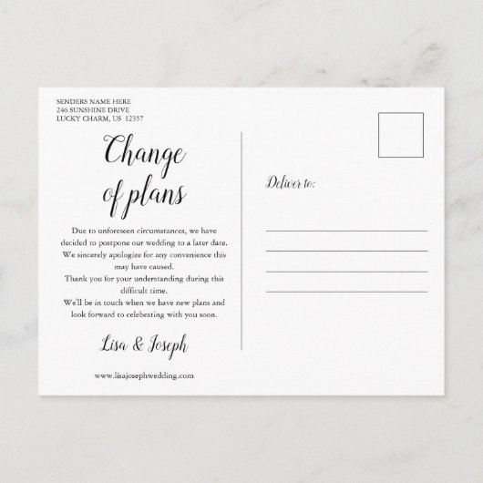 Wijziging van Datum Uitgestelde geannuleerde gebeu Briefkaart (Achterkant)