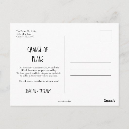 Wijziging van plannen voor uitstel of annulering h briefkaart (Achterkant)