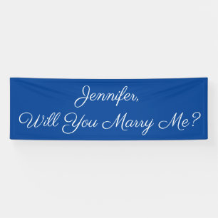 Wil je me trouwen? Wit script, diep blauw Spandoek