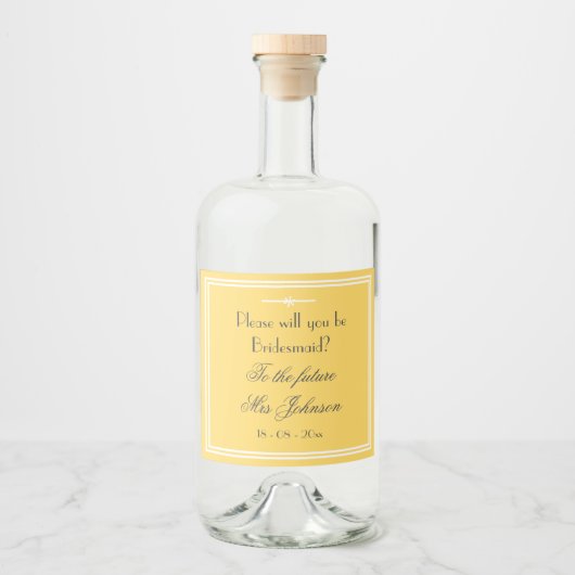 Wil je mijn bruidsmeisje chique script zacht geel likeurfles etiket (Voorkant)