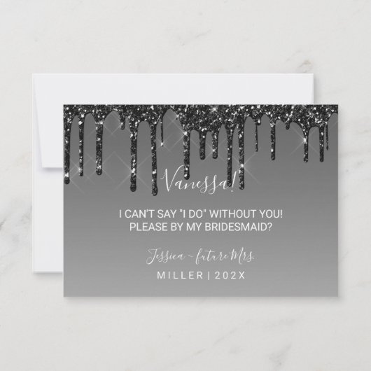 Wil je mijn bruidsmeisje Fab Glitter Drip Black Kaart (Achterkant)