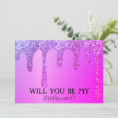 Wil je mijn bruidsmeisje Paarse glitterdruppels zi Save The Date (Staand voorkant)